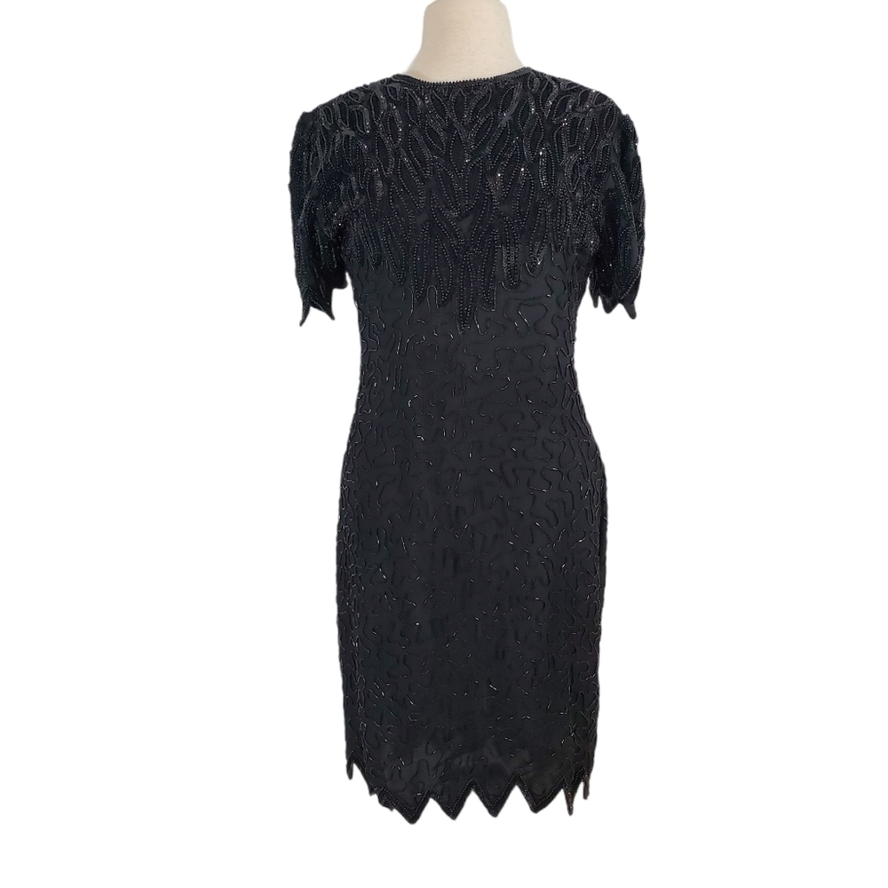 Lawrence Kazar Silk Black Beaded Evening Dress